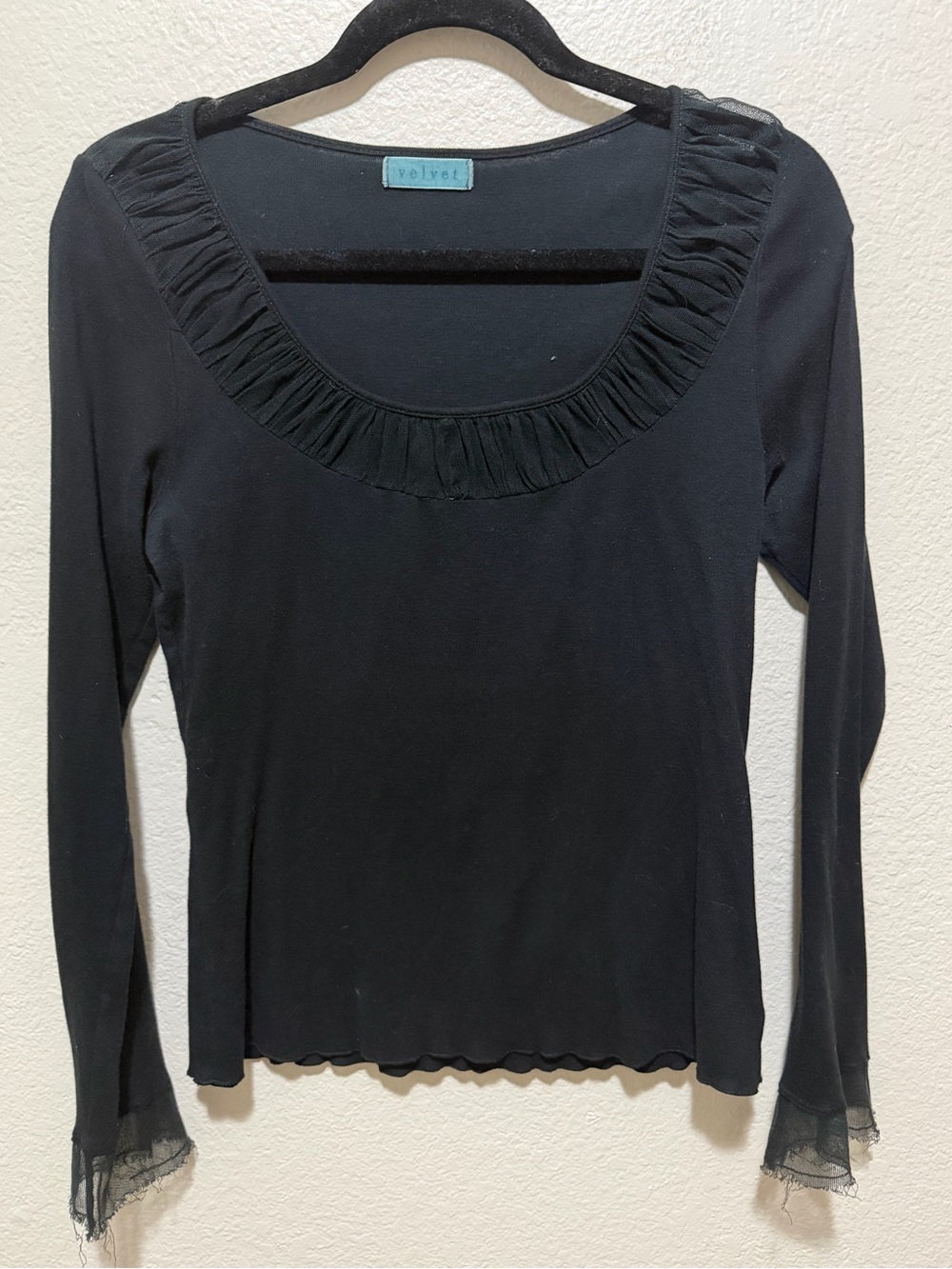 Velvet Black Ruched Neck Long Sleeve Top Large Cotton Whimsigoth